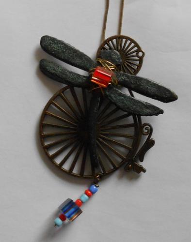 Brass dragonfly and bicycle with glass bead and brass chain