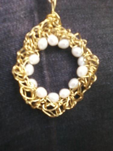 crochetted brass wire with freshwater pearls